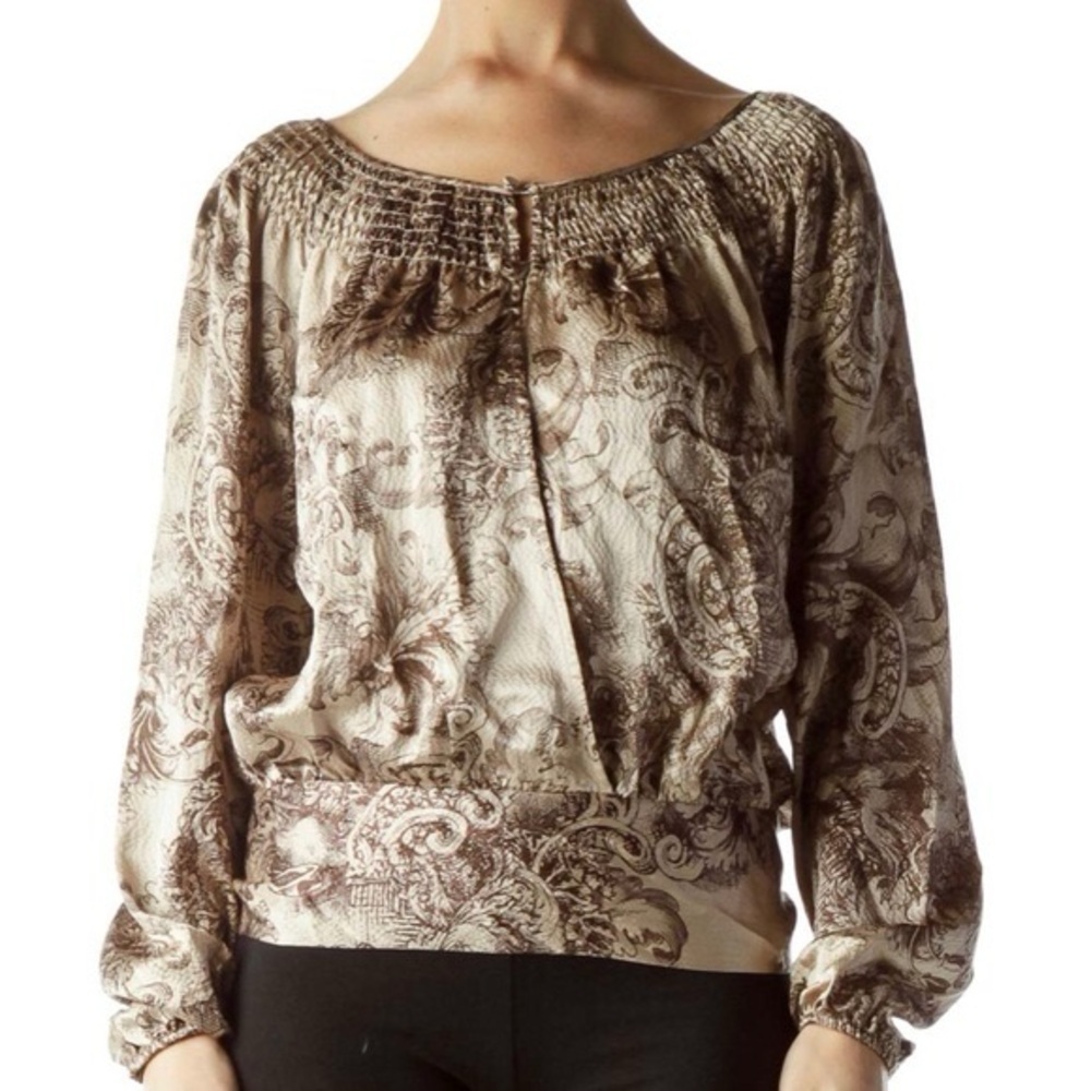 BCBGMaxAzria 100%‎ silk brown/gold open back wrap blouse, XS